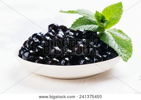 Tapioca Black Pearls. Boiled Tapioca Pearls For Bubble Tea On White Background. Copy Space