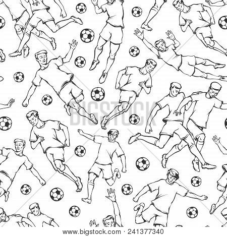 Footballer Goalkeeper With Ball Sketch Seamless Pattern. Soccers Motion Sports Uniform Different Pos