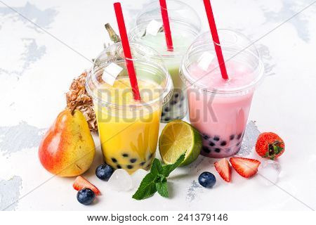 Refreshing Homemade Iced Milky Bubble Tea With Tapioca Pearls. Fruit And Berry Bubble Tea Variety. R