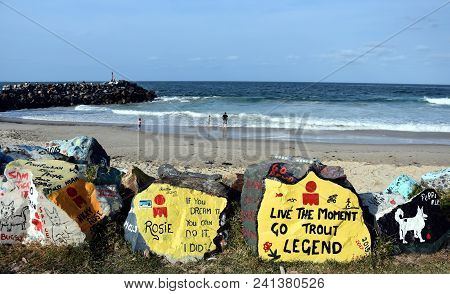 Port Macquarie, Australia - Oct 1, 2017. Along The Southern Breakwall Of Port Macquarie Hastings Riv