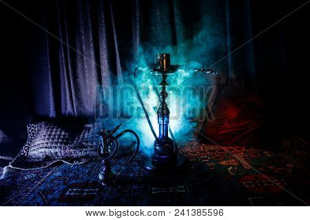 Hookah Hot Coals On Shisha Bowl Making Clouds Of Steam At Arabian Interior. Oriental Ornament On The