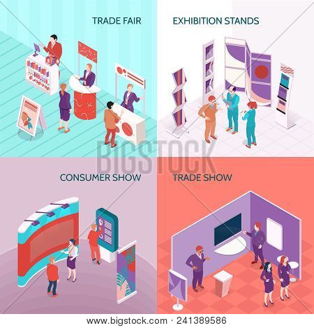 Exhibition Stands Used At Trade Fair And Consumer Show 2x2 Design Concept Isometric Vector Illustrat