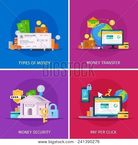 Financial Technology Flat Orthogonal Colorful Icons Square Concept With Online Payments Money Transf