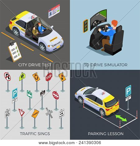 Driving School Isometric 2x2 Design Concept With Compositions Of Traffic Signs Drive Simulators Cars