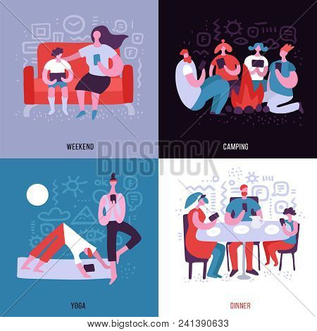 People Dependent On Gadgets Using Them Everywhere 2x2 Flat Design Concept Isolated On Colorful Backg