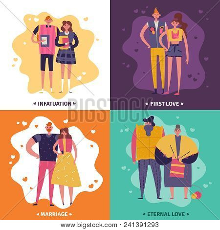 Life Cycles Of Man And Woman 2x2 Design Concept Set Of Infatuation First Love Marriage And Eternal L