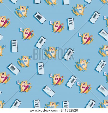 Funny Cat With An Umbrella And A Mobile Phone. Seamless Pattern. Design For Smartphone Covers, Image
