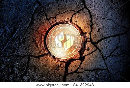 Shiny Golden Ubiq Cryptocurrency Coin On Dry Earth Dessert Background Mining Crash Photo Composition