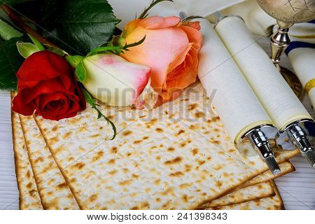 Pesah Celebration Concept Jewish Spring Holiday Of Passover, Traditional Book With Text In Hebrew: P
