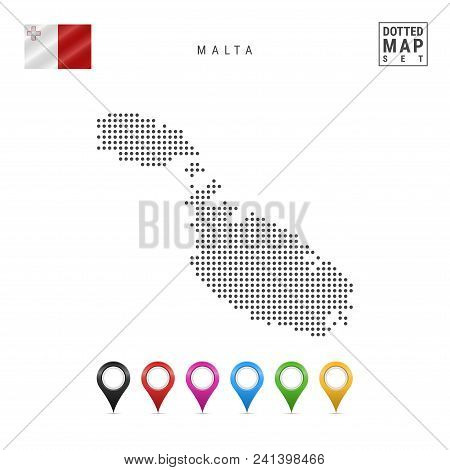 Dotted Map Of Malta. Simple Silhouette Of Malta. The National Flag Of Malta. Set Of Multicolored Map