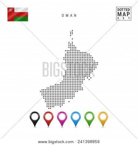 Dotted Map Of Oman. Simple Silhouette Of Oman. The National Flag Of Oman. Set Of Multicolored Map Ma