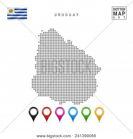 Dotted Map Of Uruguay. Simple Silhouette Of Uruguay. The National Flag Of Uruguay. Set Of Multicolor
