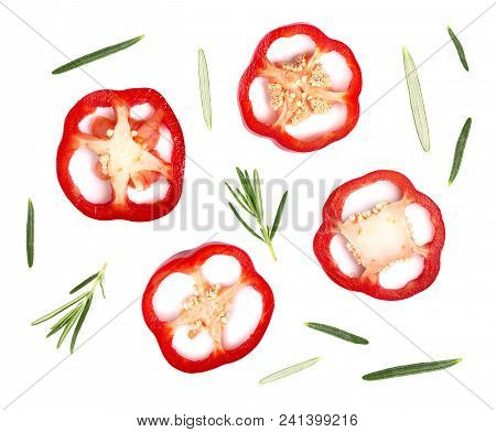 Slice Of Red Pepper And Rosemary Isolated. Top View, Isolated Food Background