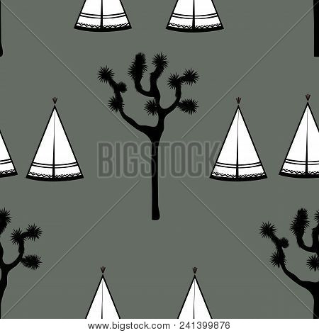 Indian Tents And Joshua Tree On White Background. Cute Design For Textile, Wallpapers, Kids Industry