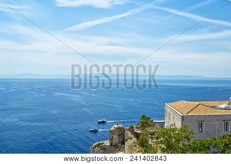 View Of Tremiti Islands With Blue Water, Boats And Clouds. Gargano. Puglia, Italy. For Nature, Trave