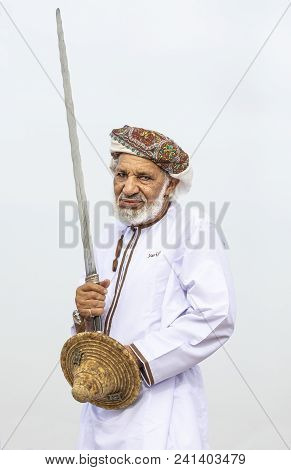 Ibri, Oman, 28th April 2018: Men Dancing And Singing Omani Traditional Way