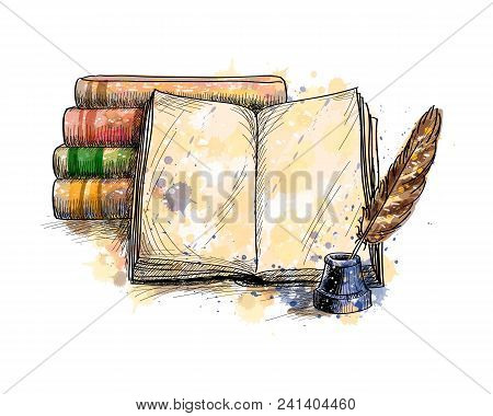 Stack Of Books, Open Book And Quill Pen From A Splash Of Watercolor, Hand Drawn Sketch. Vector Illus