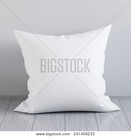 Blank White Soft Square Pillow On A Wooden Floor Near The Wall, Mockup For Your Design, 3d Render