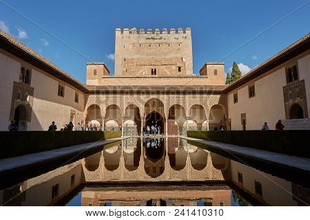People Visiting Courtyard Of The Myrtles (patio De Los Arrayanes) In La Alhambra, Granada, Spain