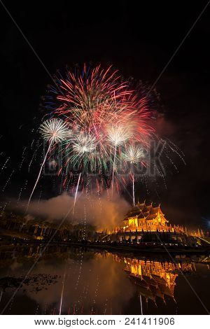 Fireworks Celebrate The New Year 2018 At Rajapruek Royal Park, Chiang Mai With Beutiful Light Of Hor