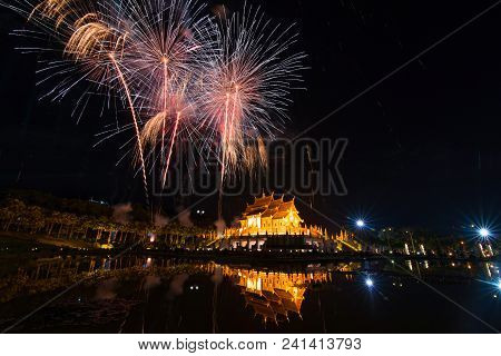 Fireworks Celebrate The New Year 2018 At Rajapruek Royal Park, Chiang Mai With Beutiful Light Of Hor