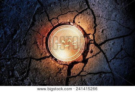 Shiny Golden Wys Cryptocurrency Coin On Dry Earth Dessert Background Mining Crash Photo Composition