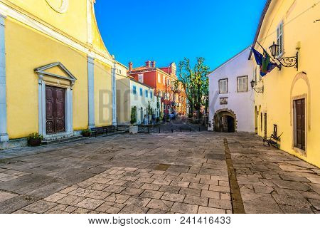 Scenic View At Old Historic Square In City Center Of Town Motovun, Istria Croatia.