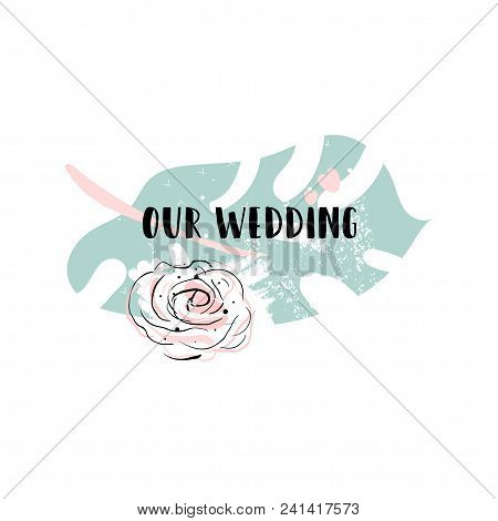 Romantic Border Design With Hand Drawn Abstract Doodle Rose Flower On Pastel Tiffany Palm Leaf Shape