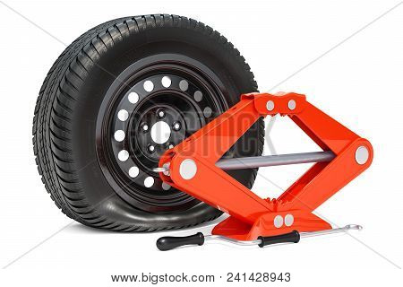 Puncture Car Wheel With Screwjack, 3d Rendering Isolated On White Background