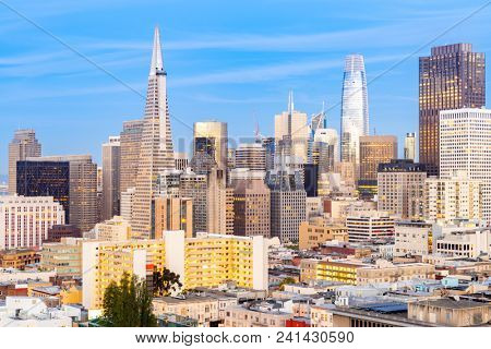 San Francisco downtown skyline Aerial view at sunset from Ina Coolbrith Park Hill in San Francisco, California, USA.