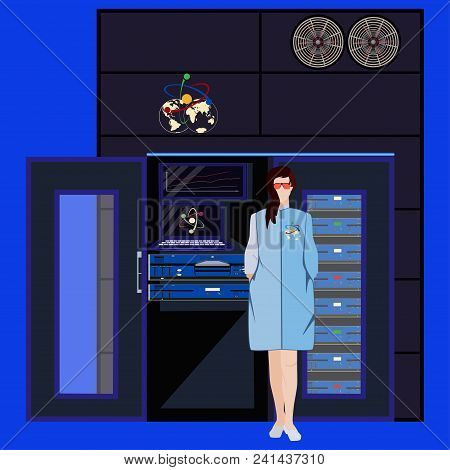 Quantum Computer And Engineer Female Standing In Front Of It. Quantum And Computer Engineering Conce