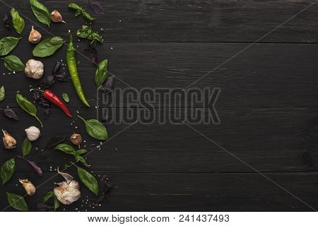 Border Of Fresh Vegetables On Wooden Background. Healthy Natural Food On Rustic Wooden Table. Garlic