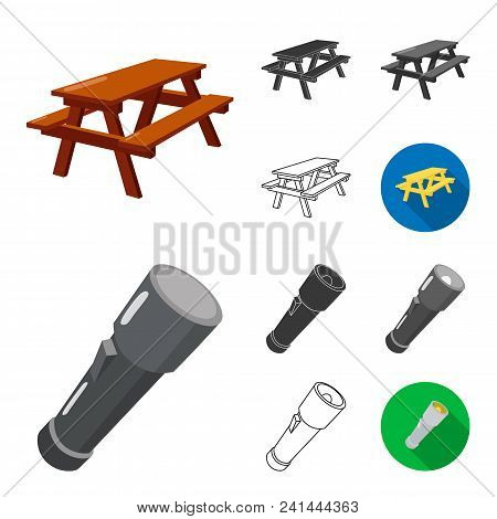 Rest In The Camping Cartoon, Black, Flat, Monochrome, Outline Icons In Set Collection For Design. Ca