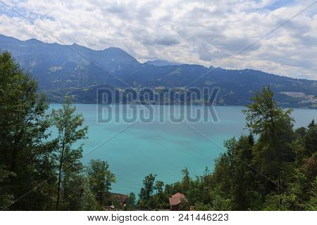 Aerial View Of The Brienz Lake And The Alps From Brienzer Rothorn On Bernese Oberland Near The Famou