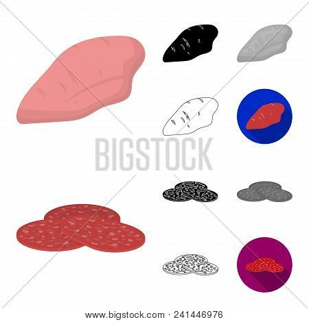 Different Meat Cartoon, Black, Flat, Monochrome, Outline Icons In Set Collection For Design. Meat Pr