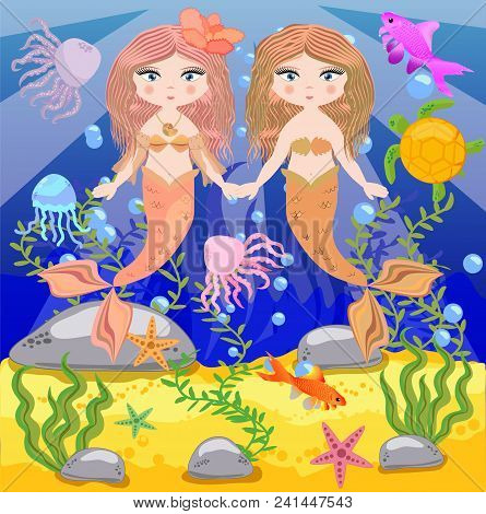 Vector Background With An Underwater World In A Children's Style. A Mermaid Is Sitting On A Rock.