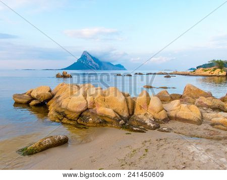 Beach View Of Coastal Sardinia With View Of Isola Tavolara