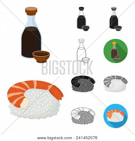 Sushi And Seasoning Cartoon, Black, Flat, Monochrome, Outline Icons In Set Collection For Design. Se