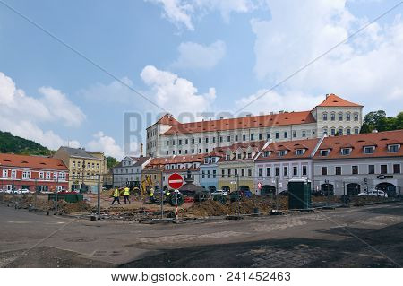 Bilina, Czech Republic - May 12, 2018: Historical Houses On Mirove Namesti Square During Generall Re