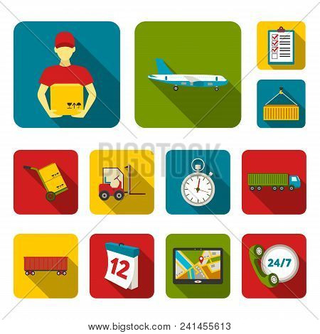 Logistics Service Flat Icons In Set Collection For Design. Logistics And Equipment Vector Symbol Sto