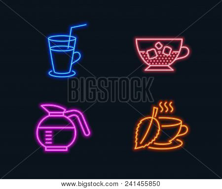 Neon Lights. Set Of Cocktail, Cold Coffee And Coffeepot Icons. Mint Tea Sign. Fresh Beverage, Ice Cu