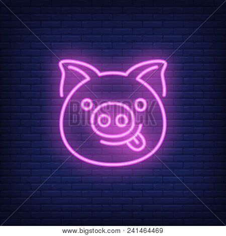 Smiling Pink Pig Cartoon Character. Neon Sign Element. Night Bright Advertisement. Vector Illustrati