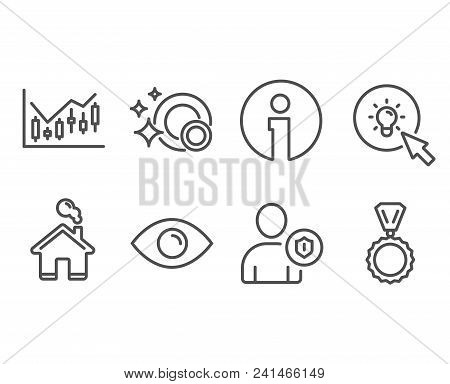 Set Of Eye, Financial Diagram And Energy Icons. Security, Clean Dishes And Medal Signs. View Or Visi