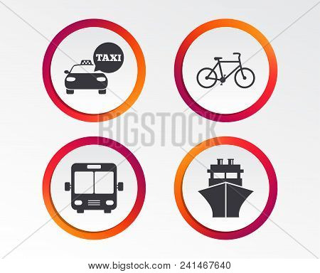 Transport Icons. Taxi Car, Bicycle, Public Bus And Ship Signs. Shipping Delivery Symbol. Speech Bubb