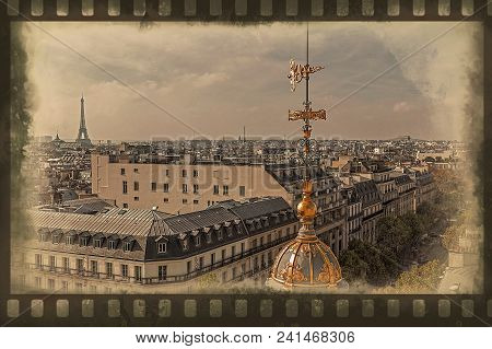 Old Photo With Aerial View From The Terrace Of Store Printemps In Paris. Border Filter Applied And V