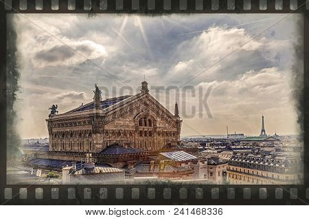 Old Photo With Aerial View With Rooftop From Terrace Of Printemps Store. Opera Garnier Building In F