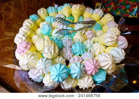 Meringue Dessert In Store, Various Pastel Colors