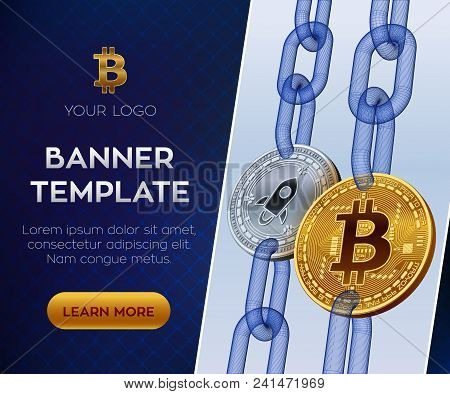 Crypto Currency Editable Banner Template. Bitcoin. Stellar. 3d Isometric Physical Bit Coins. Golden 