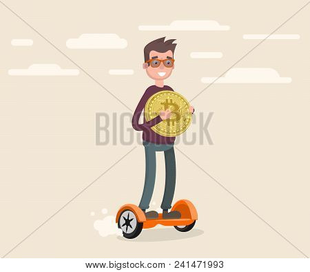 A Guy Skateboarding On A Gyro And Holding A Bitcoin Coin In His Hand.