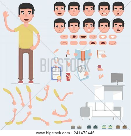 Creating A Young Guy With A Lot Of Different Views, Emotions, Postures And Gestures. Cartoon Style, 